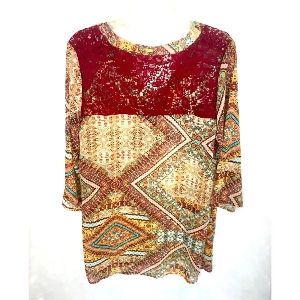 Jessica Simpson Boho Print Geometric 3/4 Sleeve Shirt Neutral Colors Size L NWT